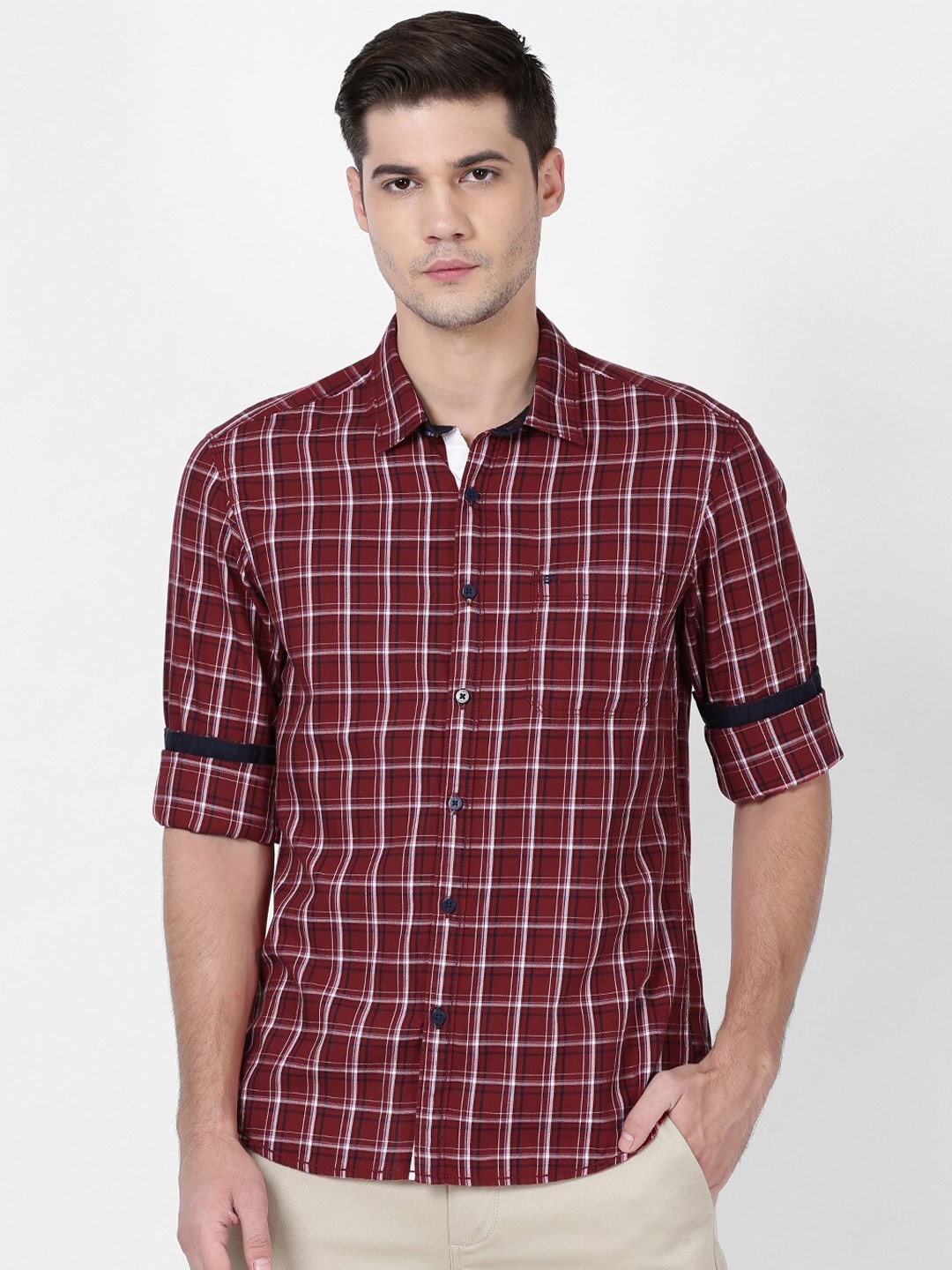 

t-base Men Windowpane Checked Cotton Casual Shirt, Red