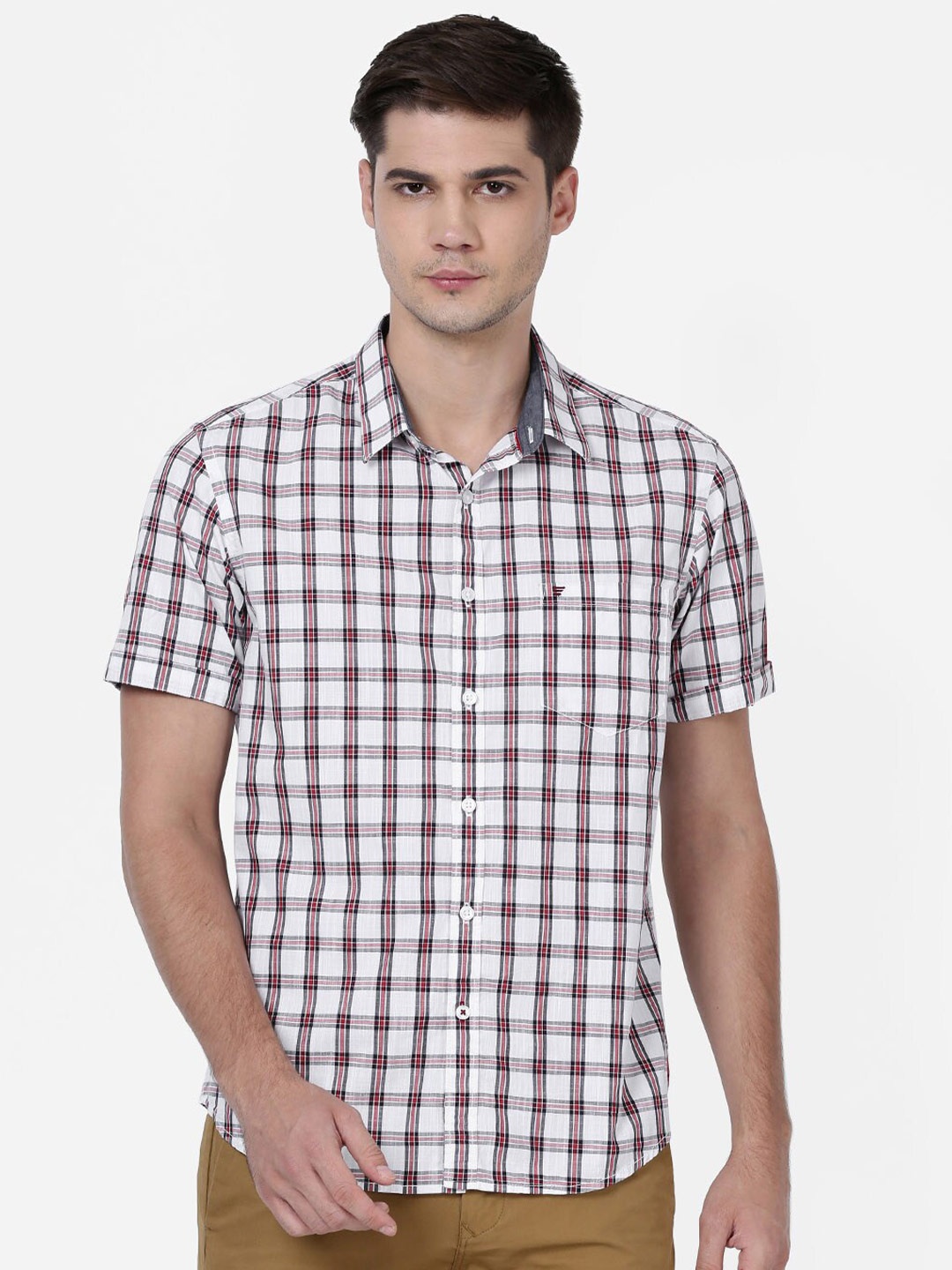 

t-base Men Tartan Checked Casual Cotton Shirt, White