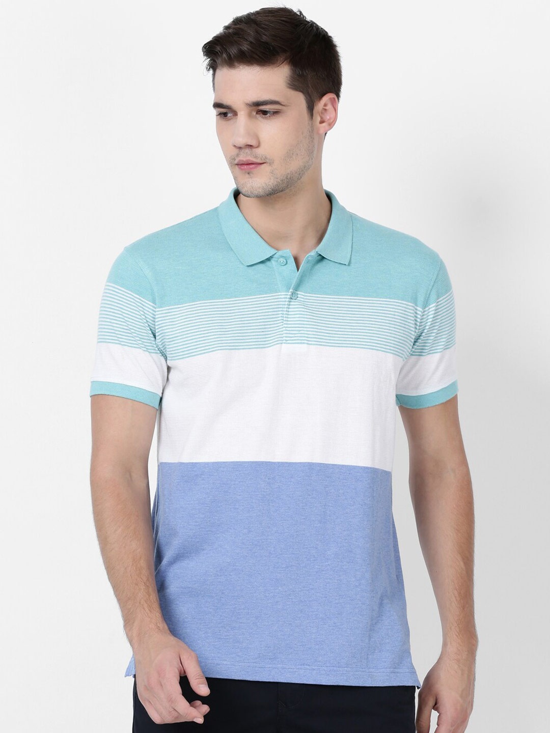 

t-base Men Colourblocked Polo Collar Cotton T-shirt, Multi