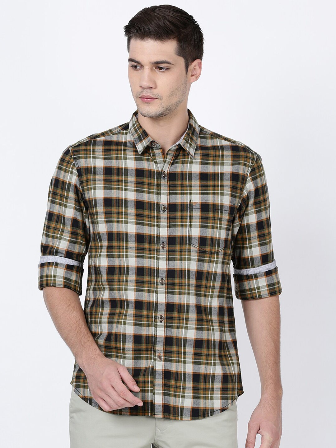 

t-base Men Tartan Checks Cotton Casual Shirt, Green