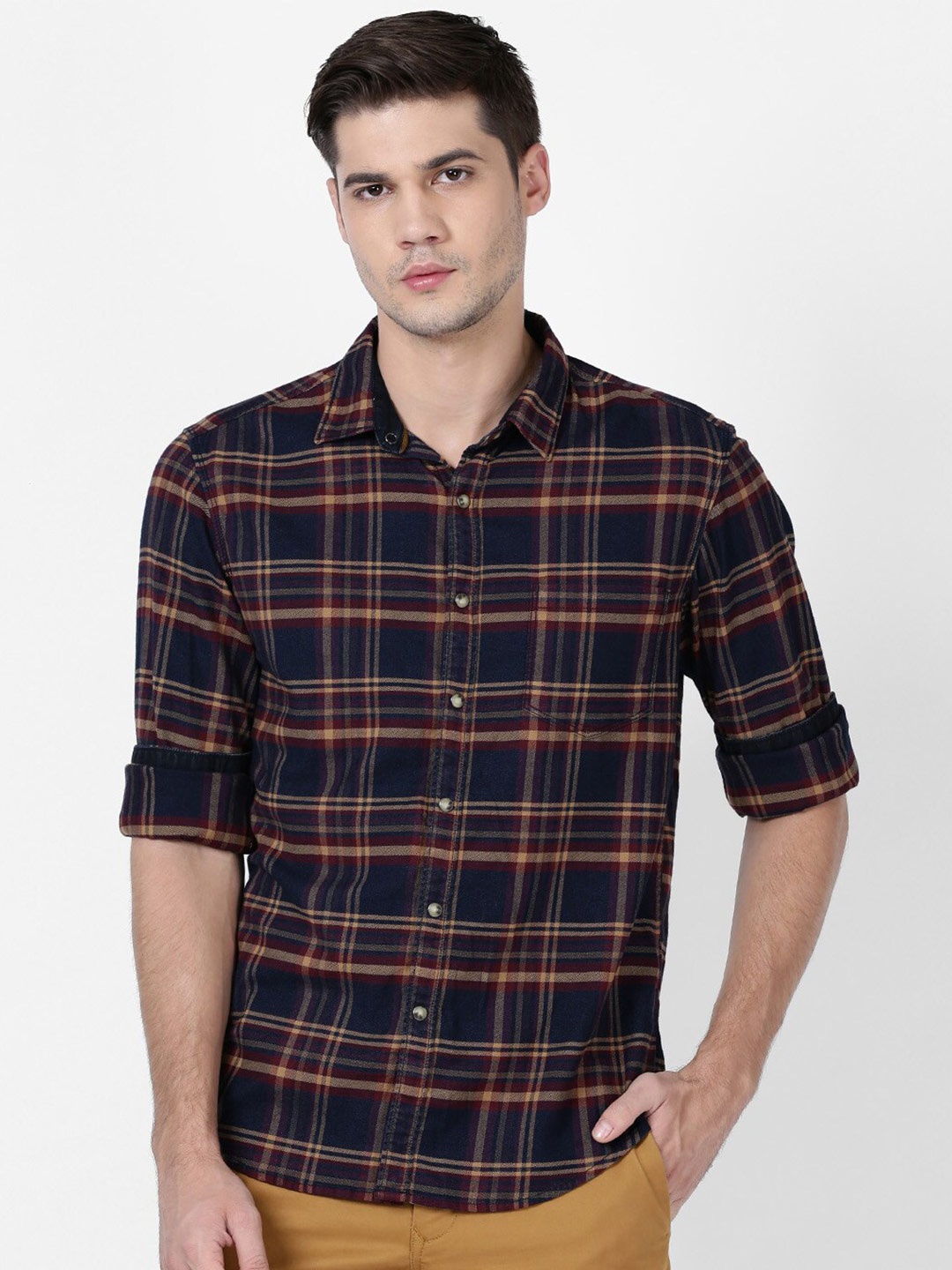 

t-base Men Plus Size Tartan Checks Cotton Casual Shirt, Navy blue