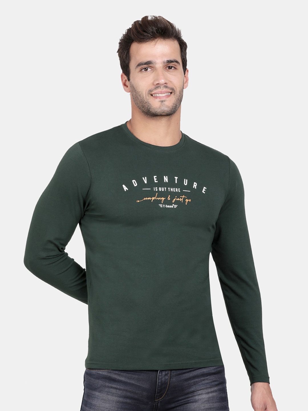 t-base Men Typography Printed Slim Fit Cotton T-shirt, Olive