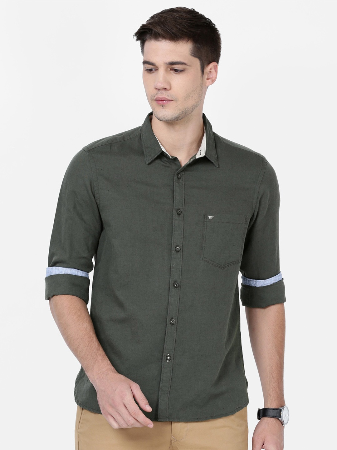 

t-base Men Casual Cotton Shirt, Olive