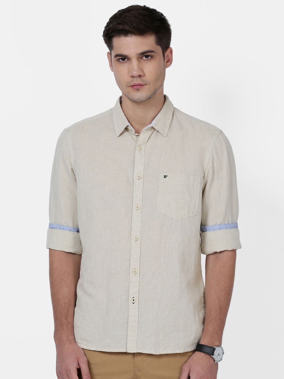 

t-base Men Spread Collar Casual Cotton Shirt, Beige