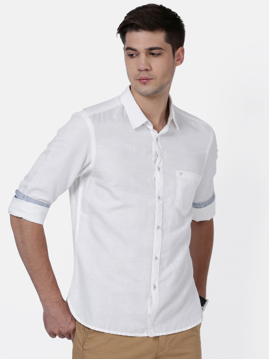 

t-base Men Spread Collar Casual Cotton Shirt, White