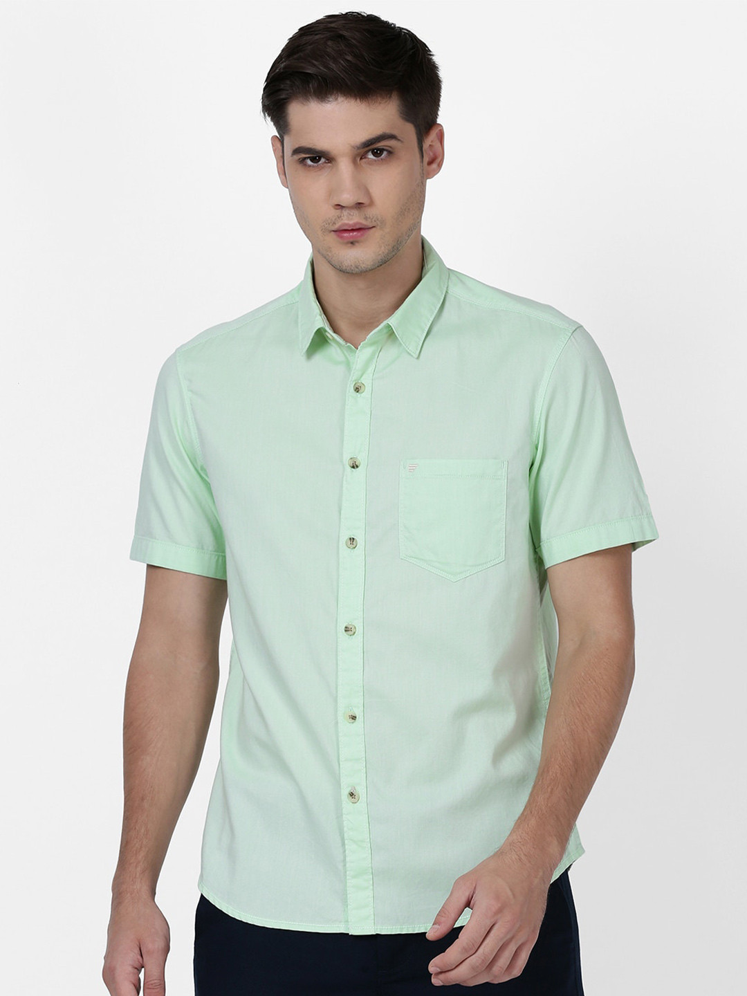 

t-base Men Spread Collar Casual Cotton Shirt, Green