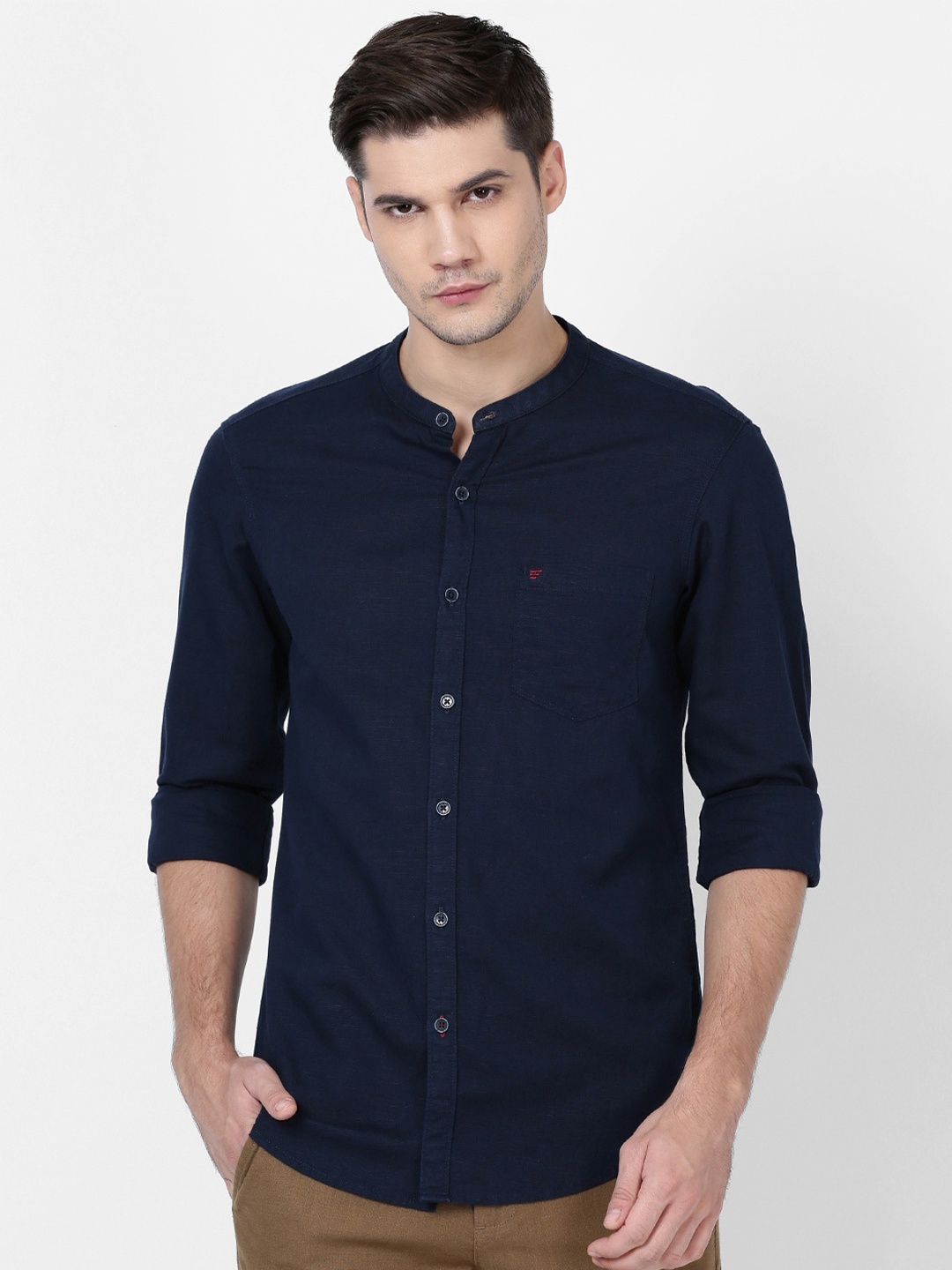 

t-base Mandarin Collar Casual Cotton Shirt, Navy blue