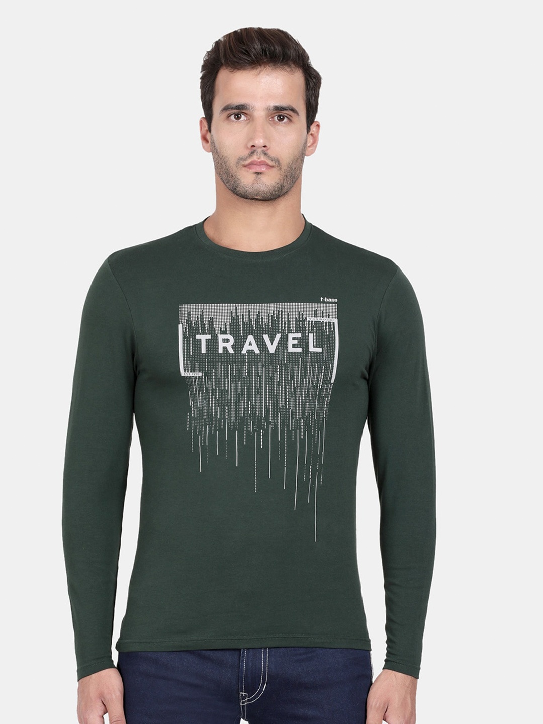t-base Men Typography Printed Cotton Slim Fit T-shirt, Green