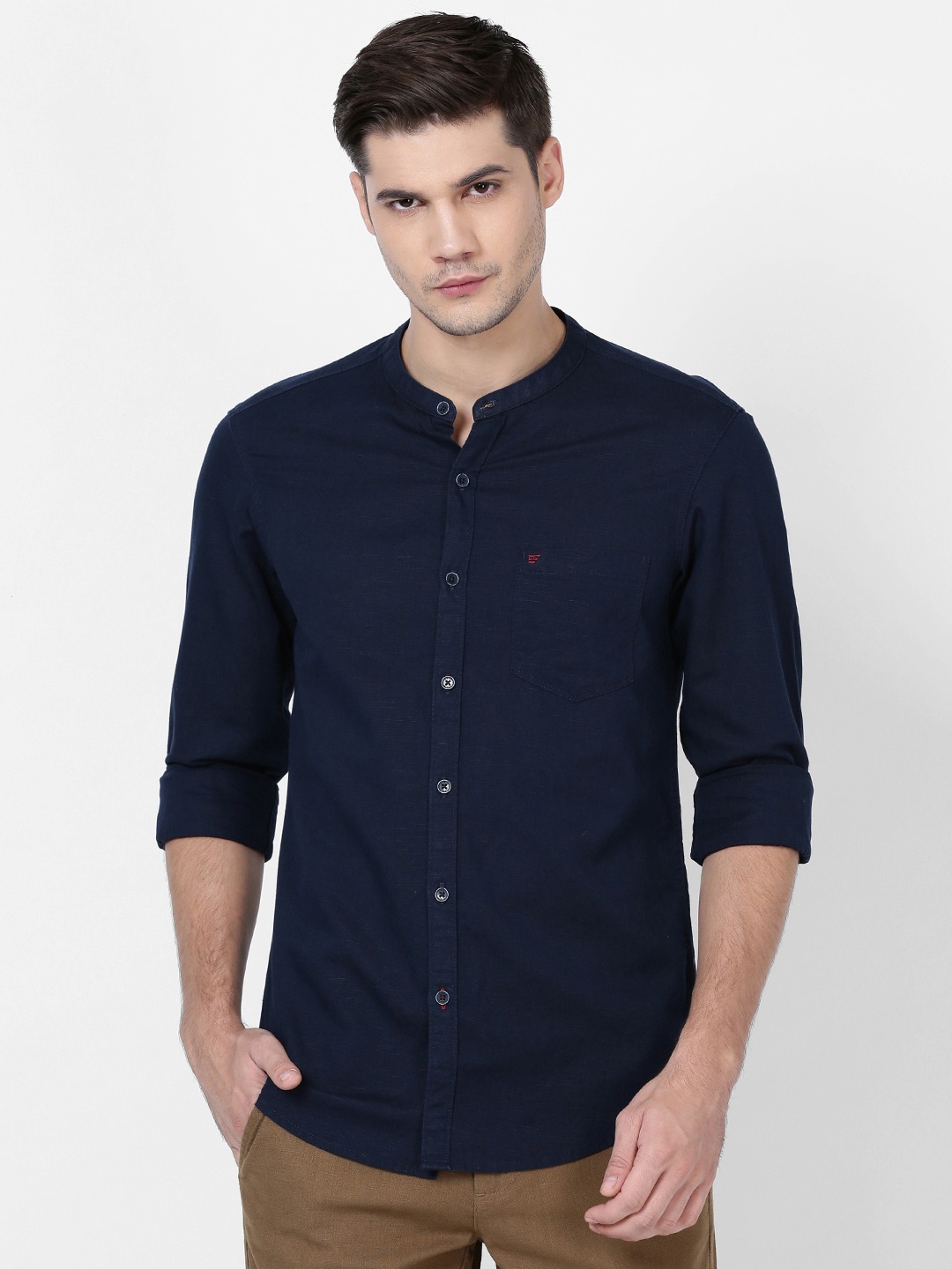 

t-base Men Band Collar Casual Cotton Shirt, Navy blue
