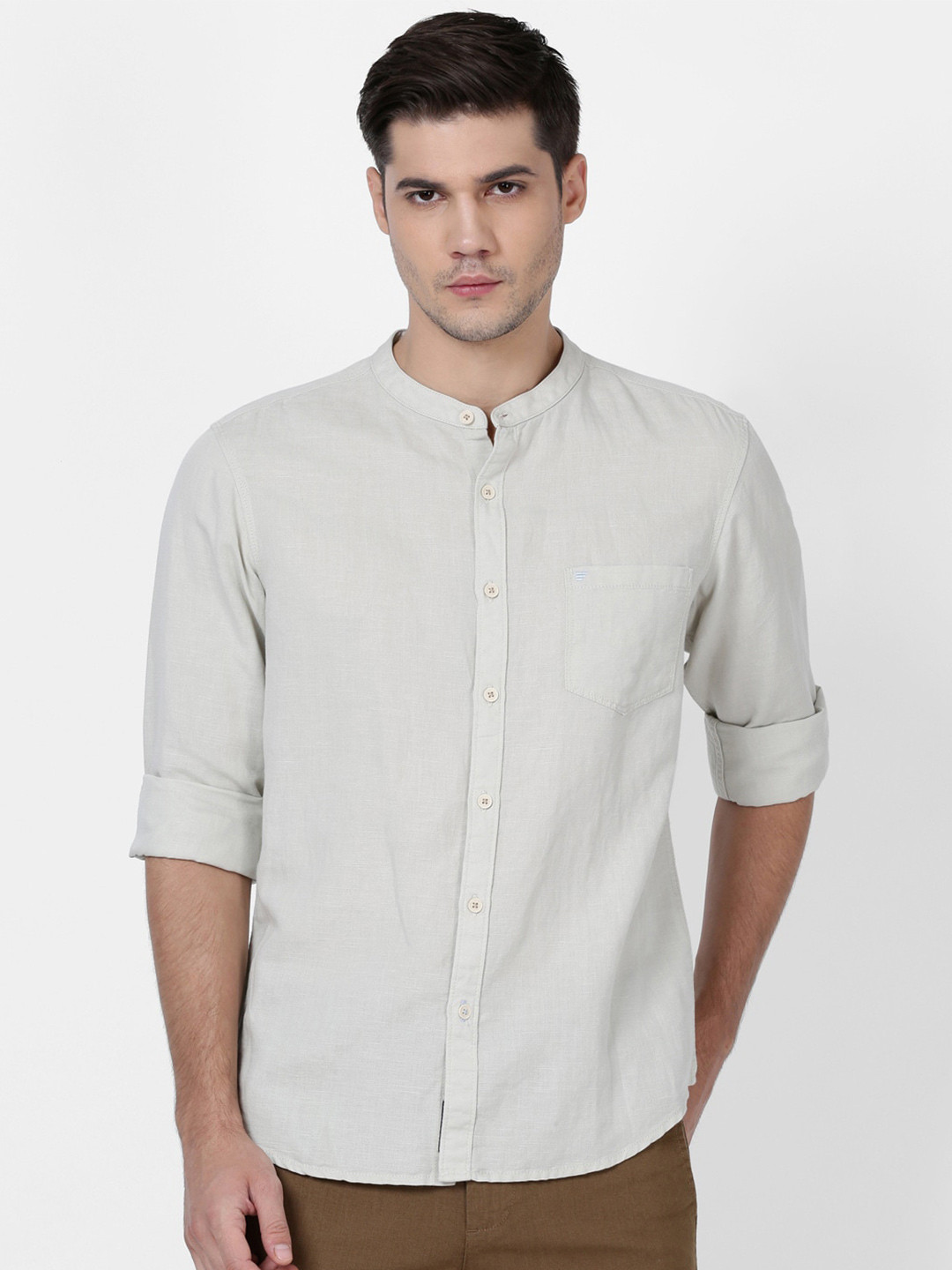 

t-base Men Mandarin Collar Casual Cotton Shirt, Beige