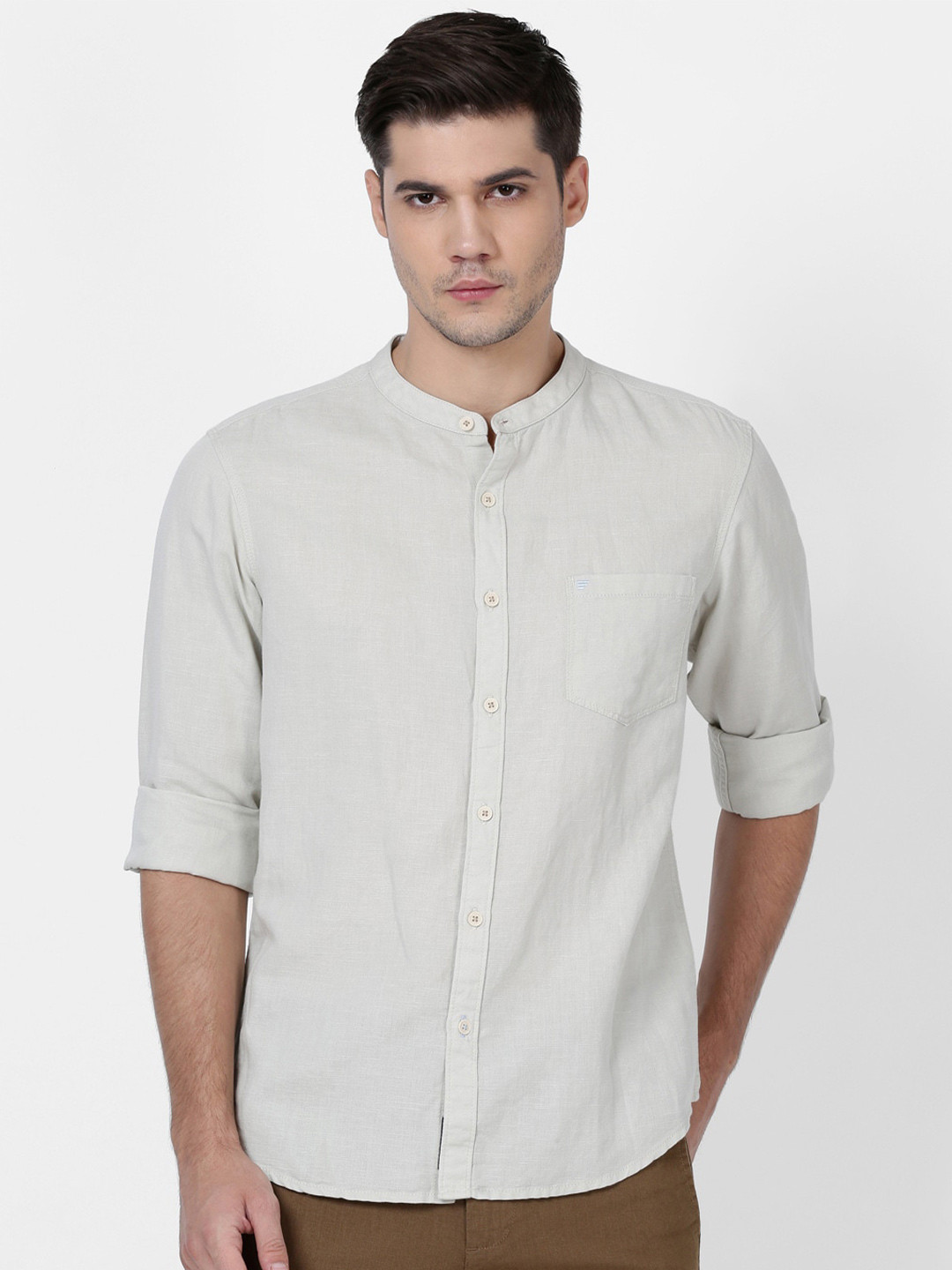 

t-base Men Band Collar Casual Cotton Shirt, Beige