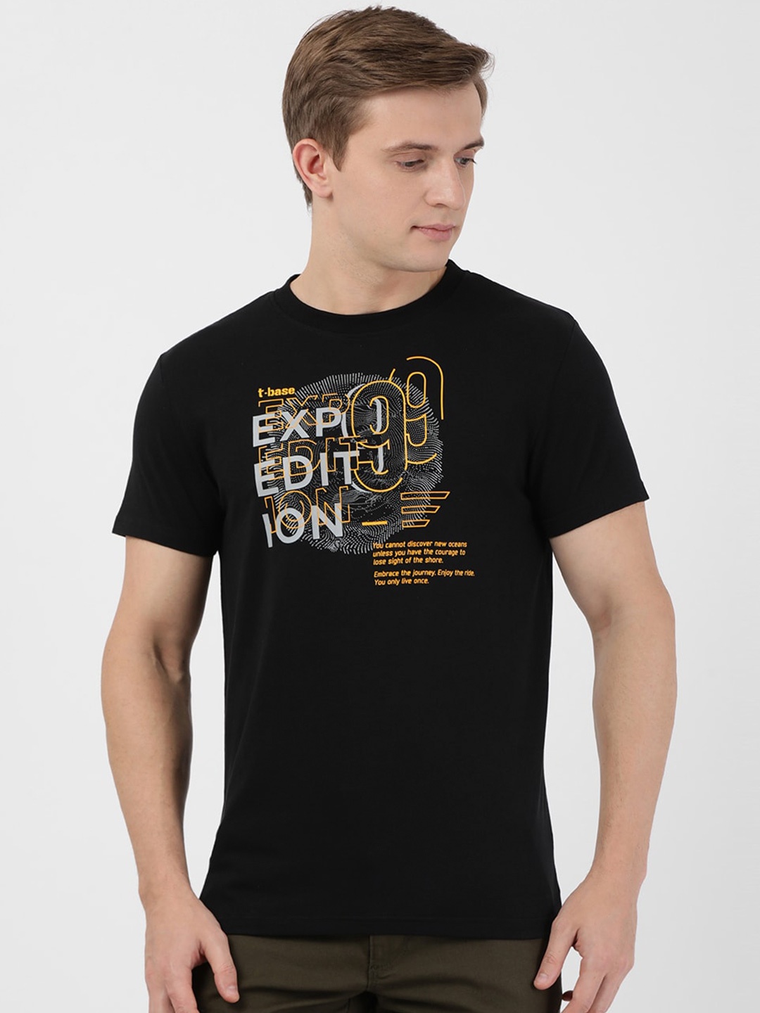 

t-base Men Plus Size Typography Printed Cotton T-shirt, Black
