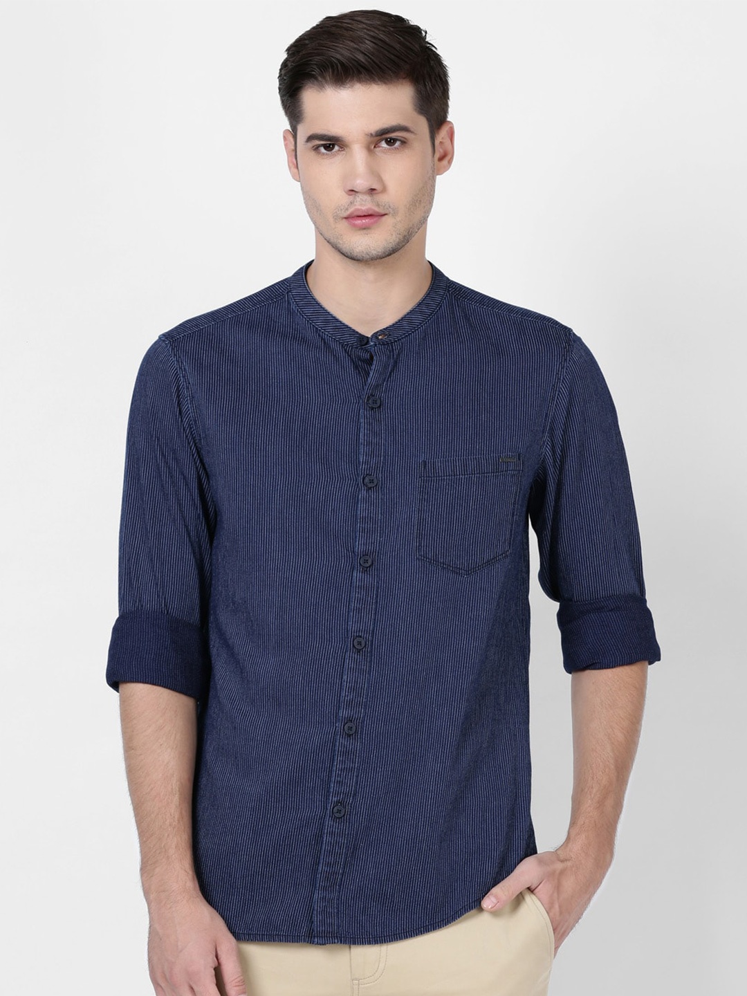 

t-base Men Mandarin Collar Printed Casual Cotton Shirt, Navy blue
