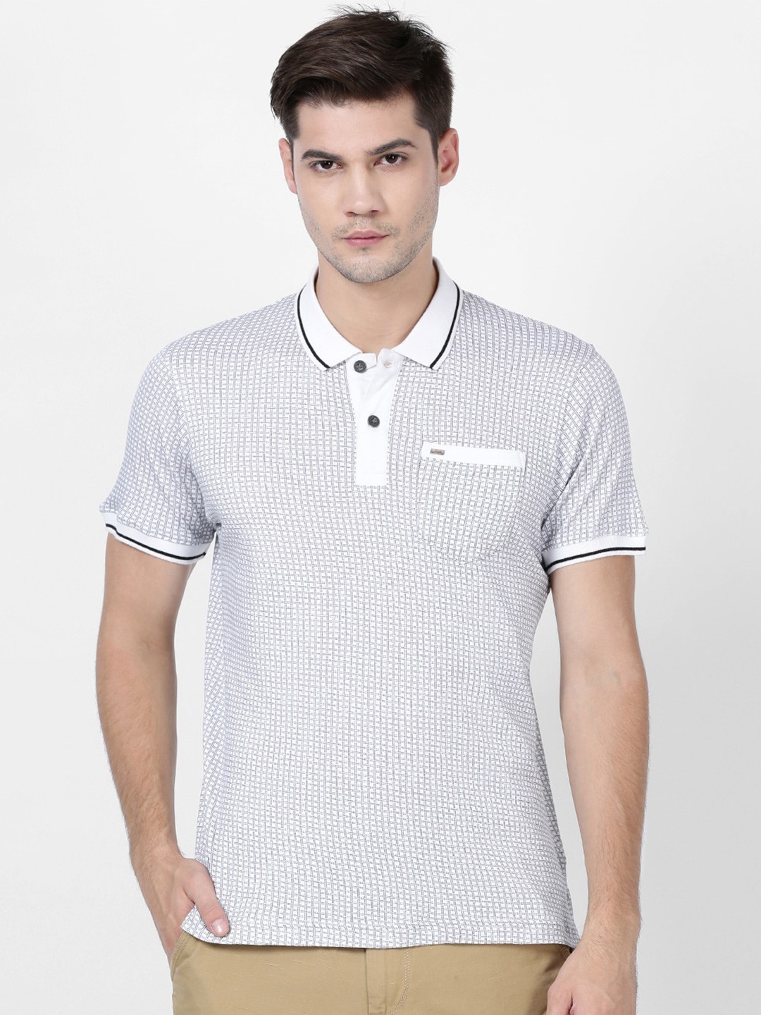 

t-base Men Printed Polo Collar Cotton T-shirt, White
