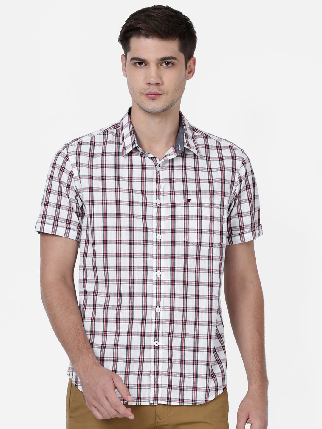 

t-base Men White Tartan Checks Checked Casual Shirt