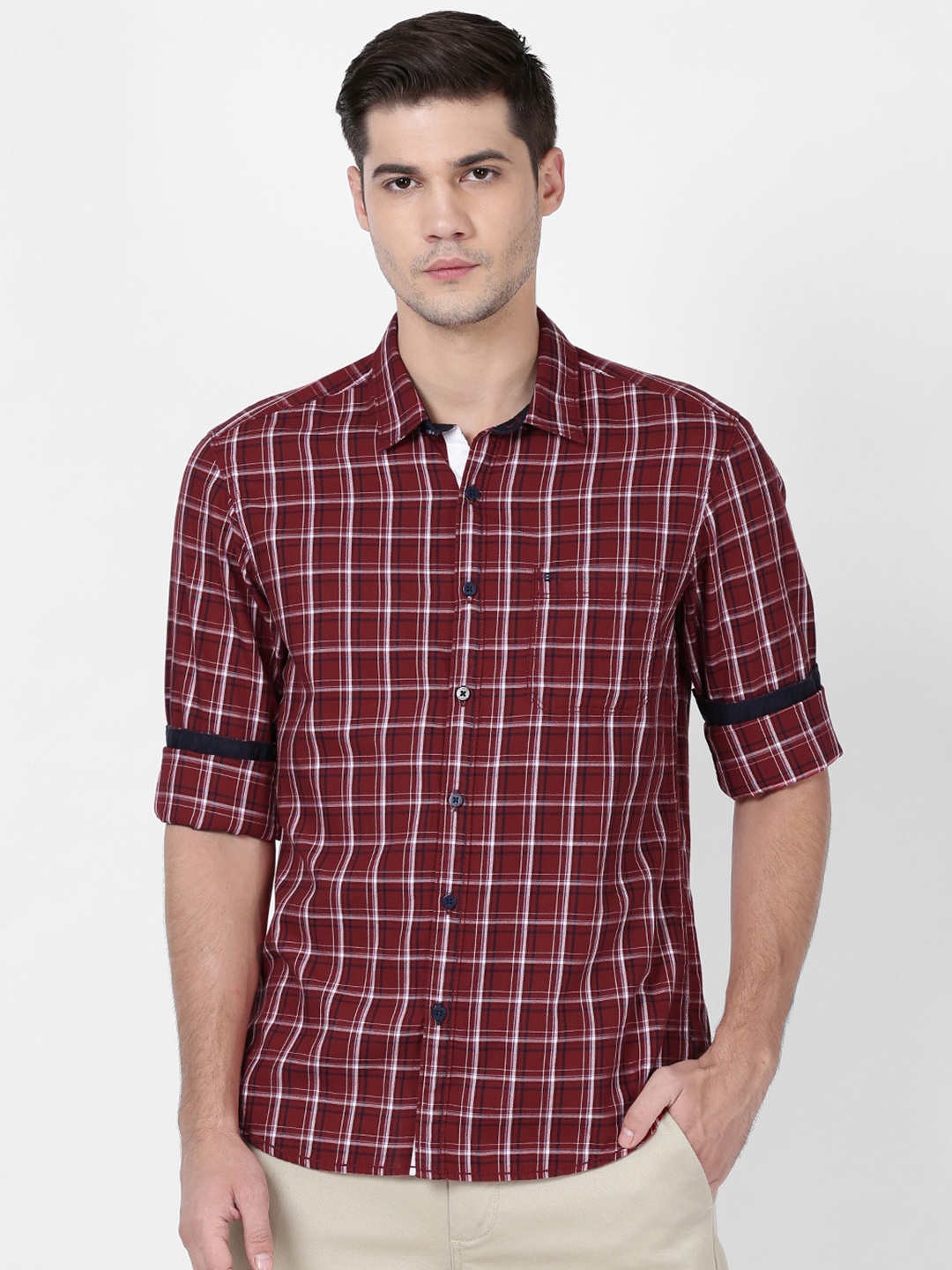 

t-base Men Windowpane Checks Casual Cotton Shirt, Red