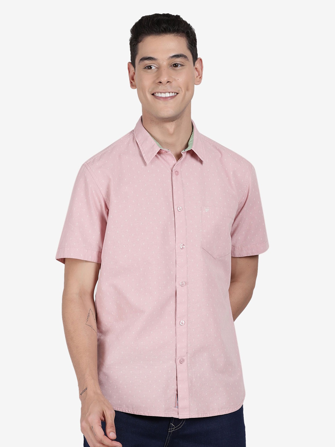 

t-base Men Printed Casual Cotton Shirt, Pink