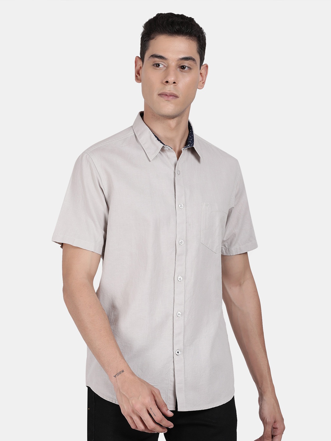 

t-base Men Casual Cotton Linen Shirt, Grey