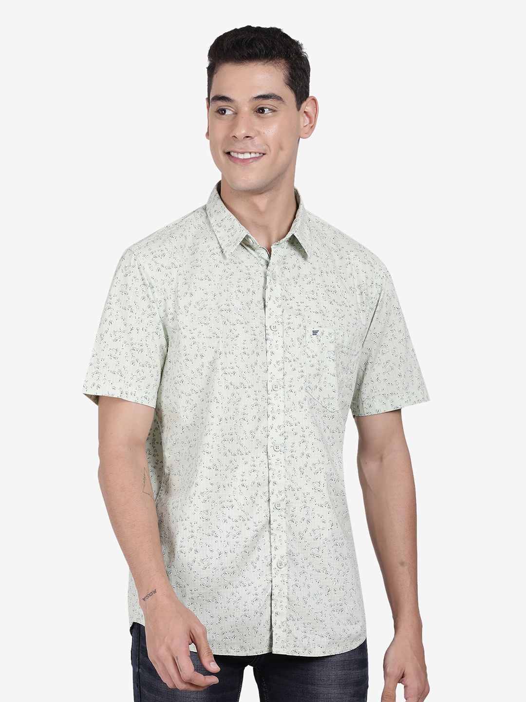 

t-base Men Spread Collar Printed Casual Cotton Shirt, Green