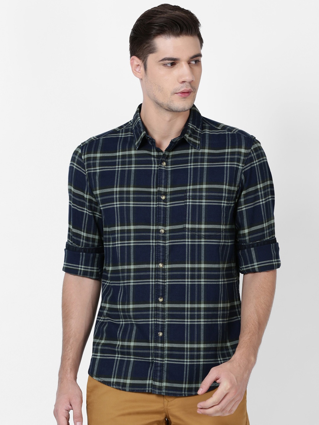 

t-base Men Tartan Checked Casual Cotton Shirt, Green