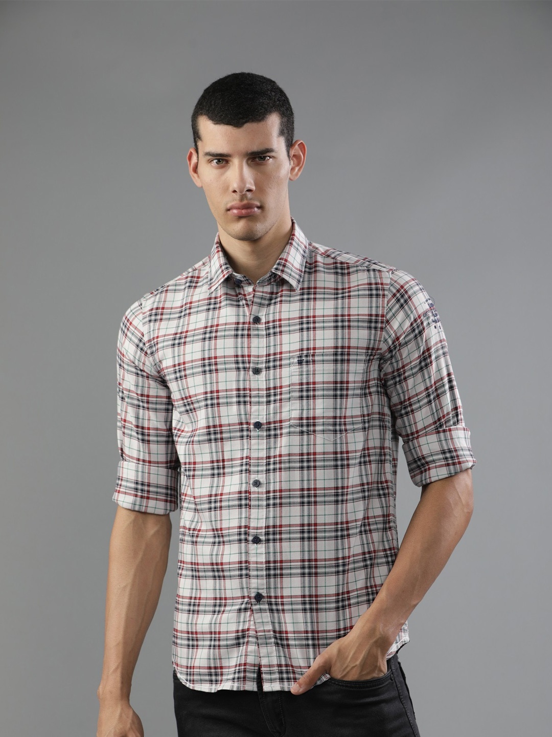 

t-base Men Tartan Checks Checked Casual Cotton Shirt, White