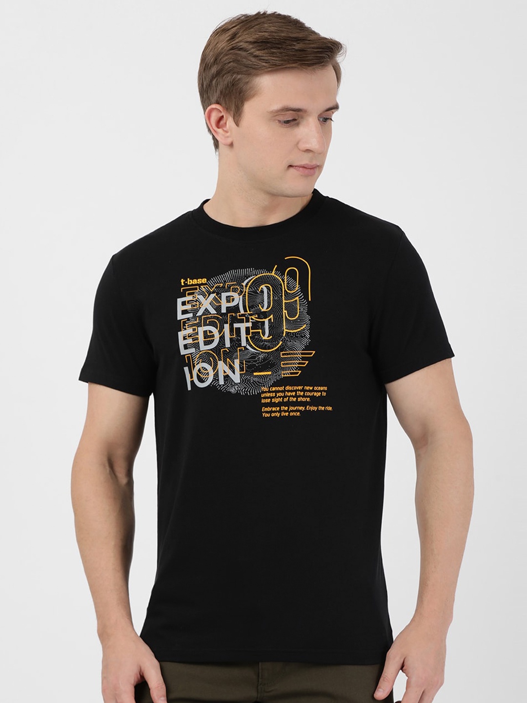 

t-base Men Typography Printed Cotton T-shirt, Black