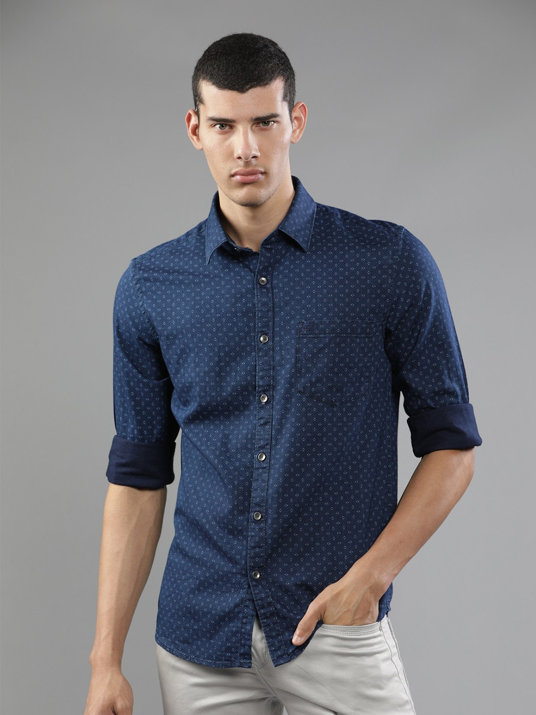 

t-base Men Printed Casual Cotton Shirt, Blue