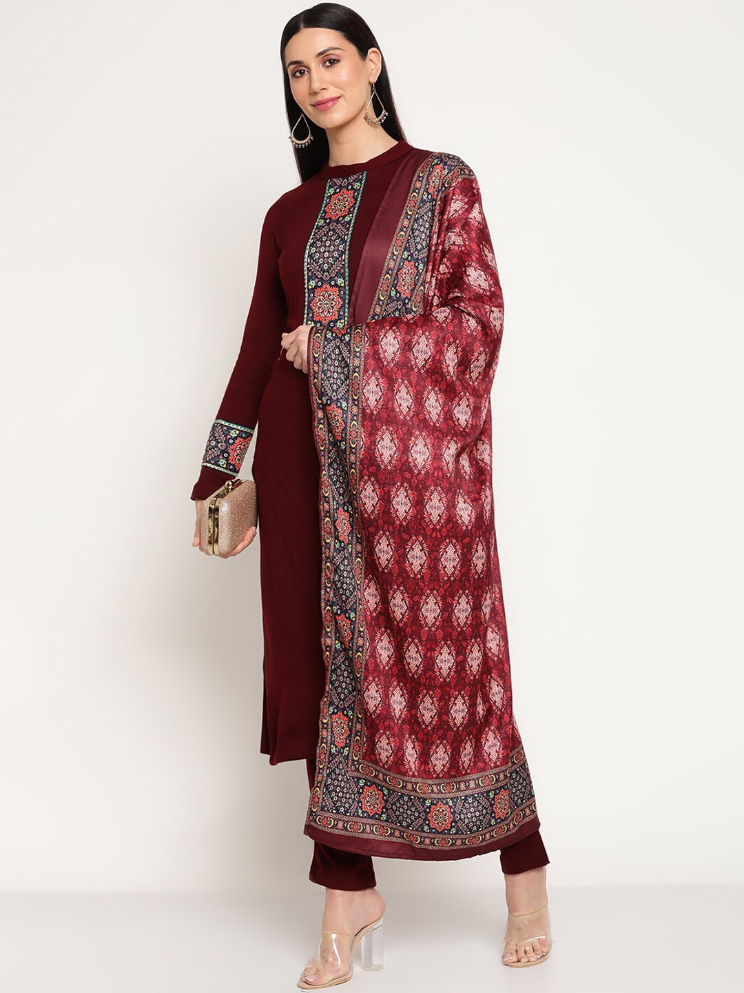 

Be Indi Women Woolen Daffodil Yoke Design Straight Kurta With Trouser & Printed Dupatta., Maroon