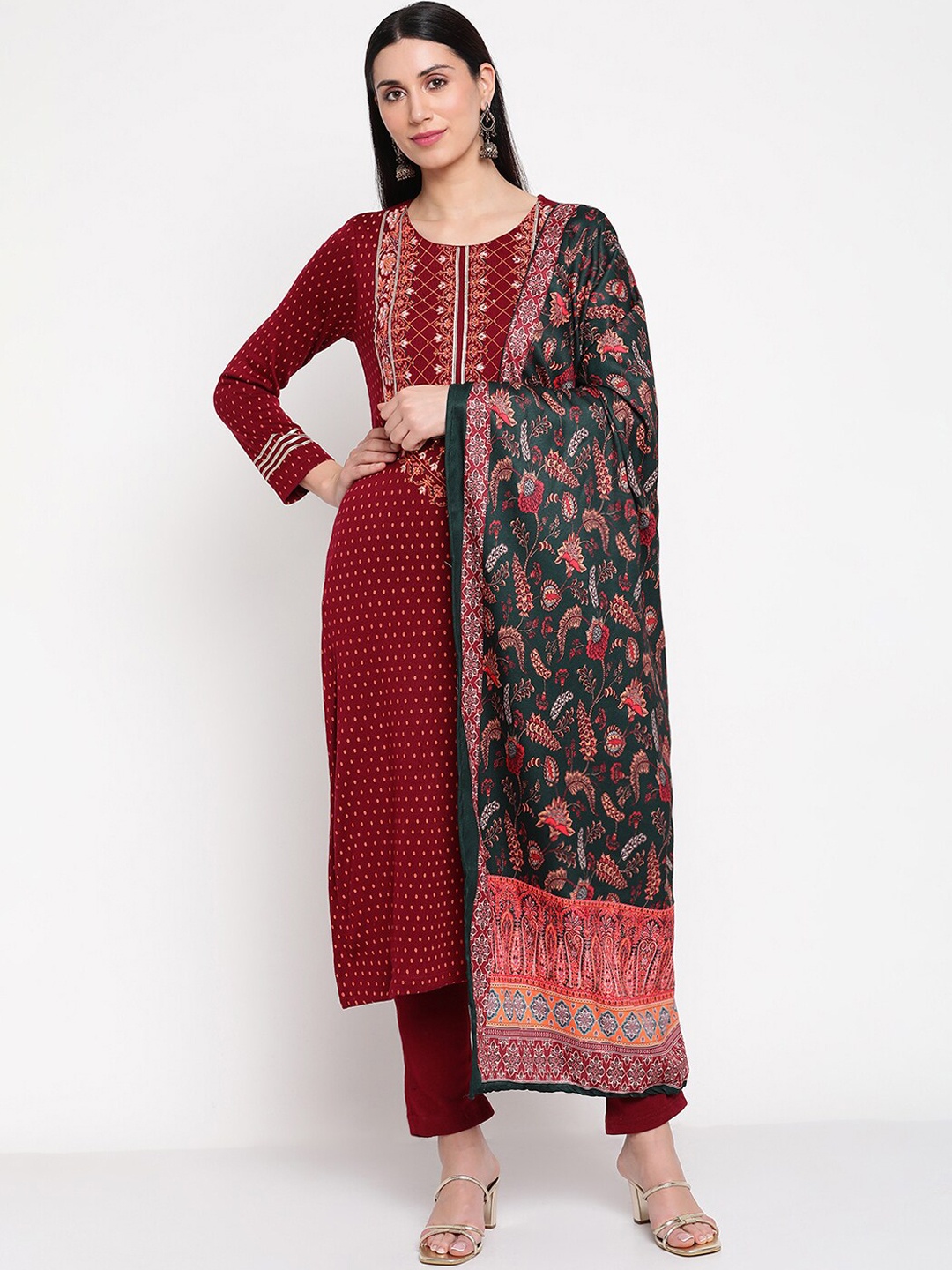 

Be Indi Floral Printed Kurta with Trousers & Dupatta, Maroon