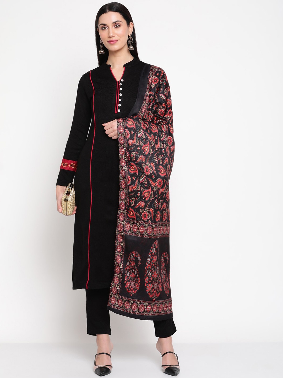 

Be Indi Mandarin Collar Kurta with Trousers & Dupatta, Black