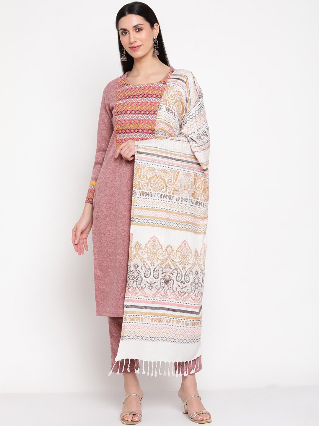 

Be Indi Women Yoke Design Thread Work Kurta with Trousers & Dupatta, Pink