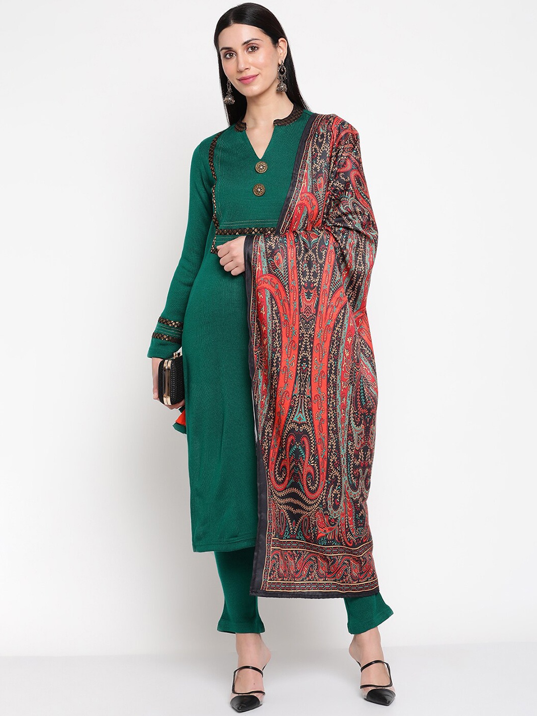 

Be Indi Yoke Design Kurta with Trousers & Dupatta, Green