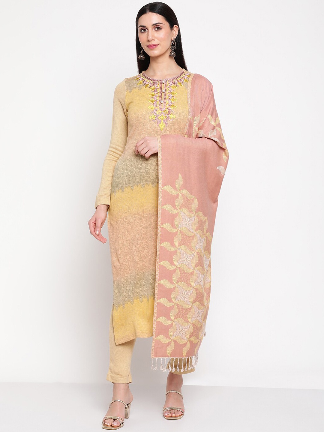 

Be Indi Floral Embroidered Kurta with Trousers & Dupatta, Beige