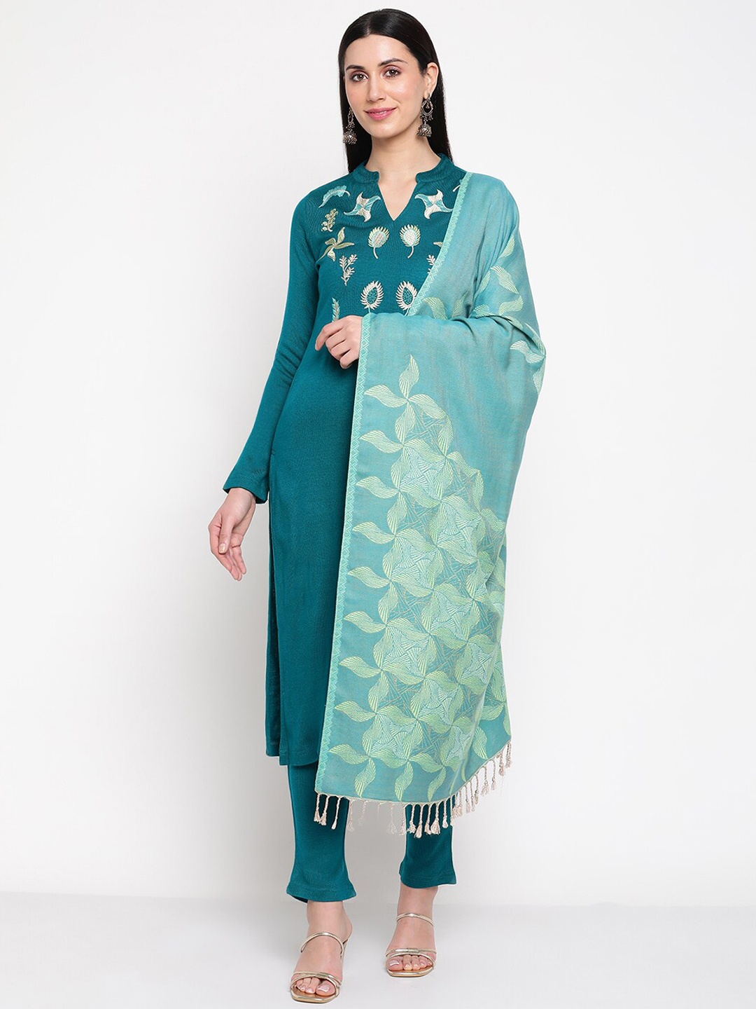 

Be Indi Floral Embroidered Kurta with Trousers & Dupatta, Turquoise blue