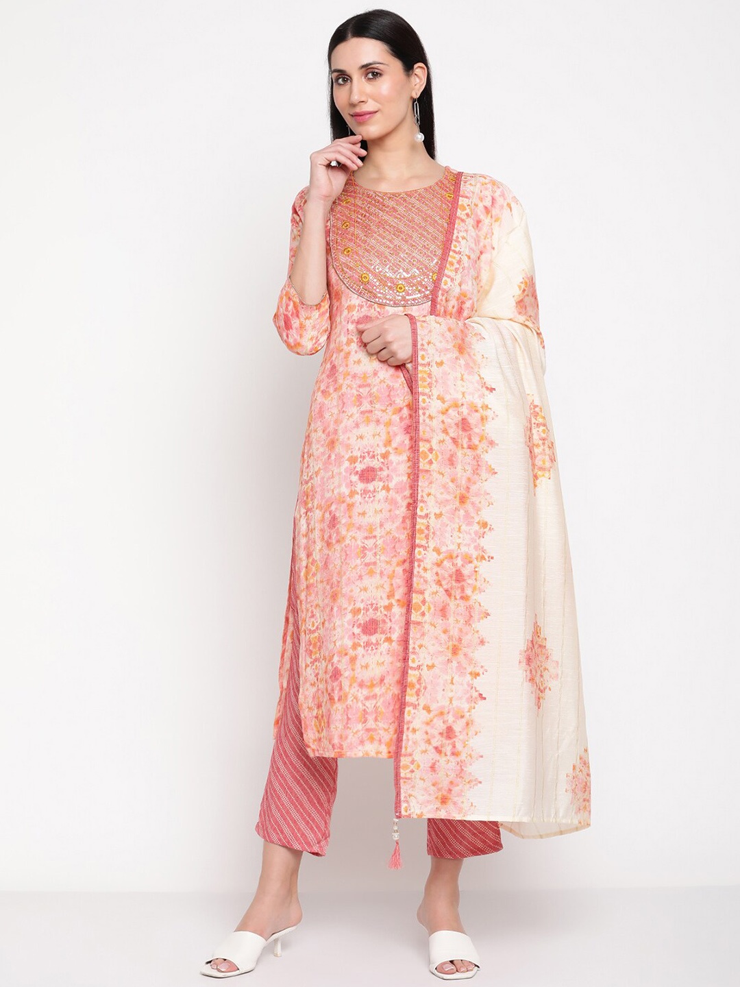

Be Indi Printed Sequinned Kurta with Trousers & Dupatta, Pink