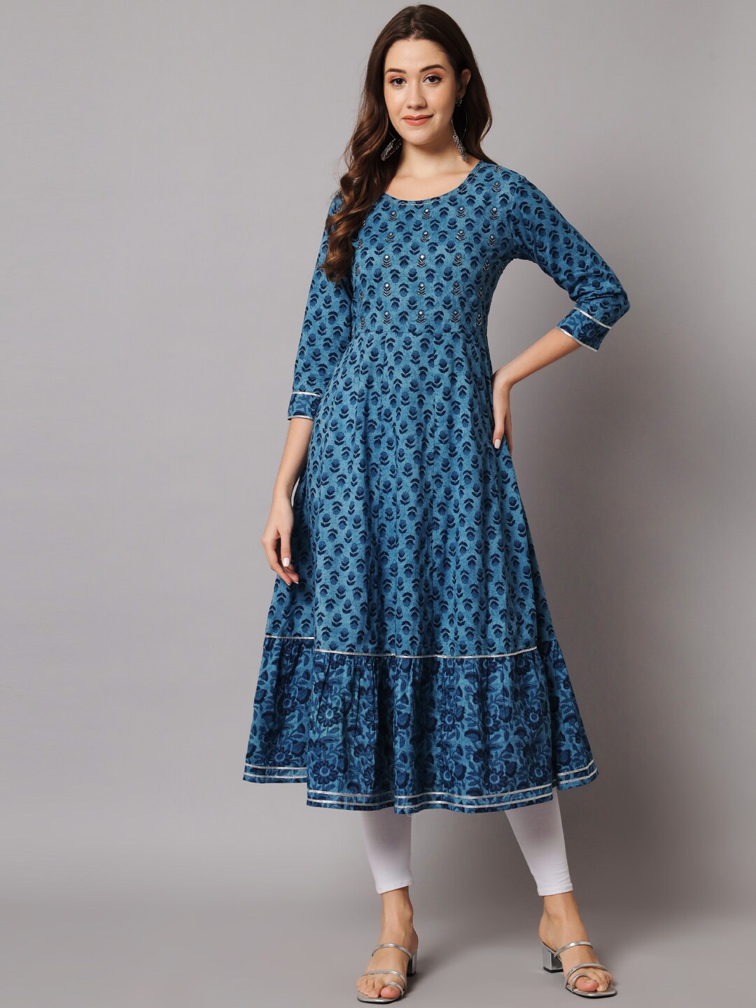 

NITVAN Women Round Neck Floral Printed Anarkali Kurta, Blue