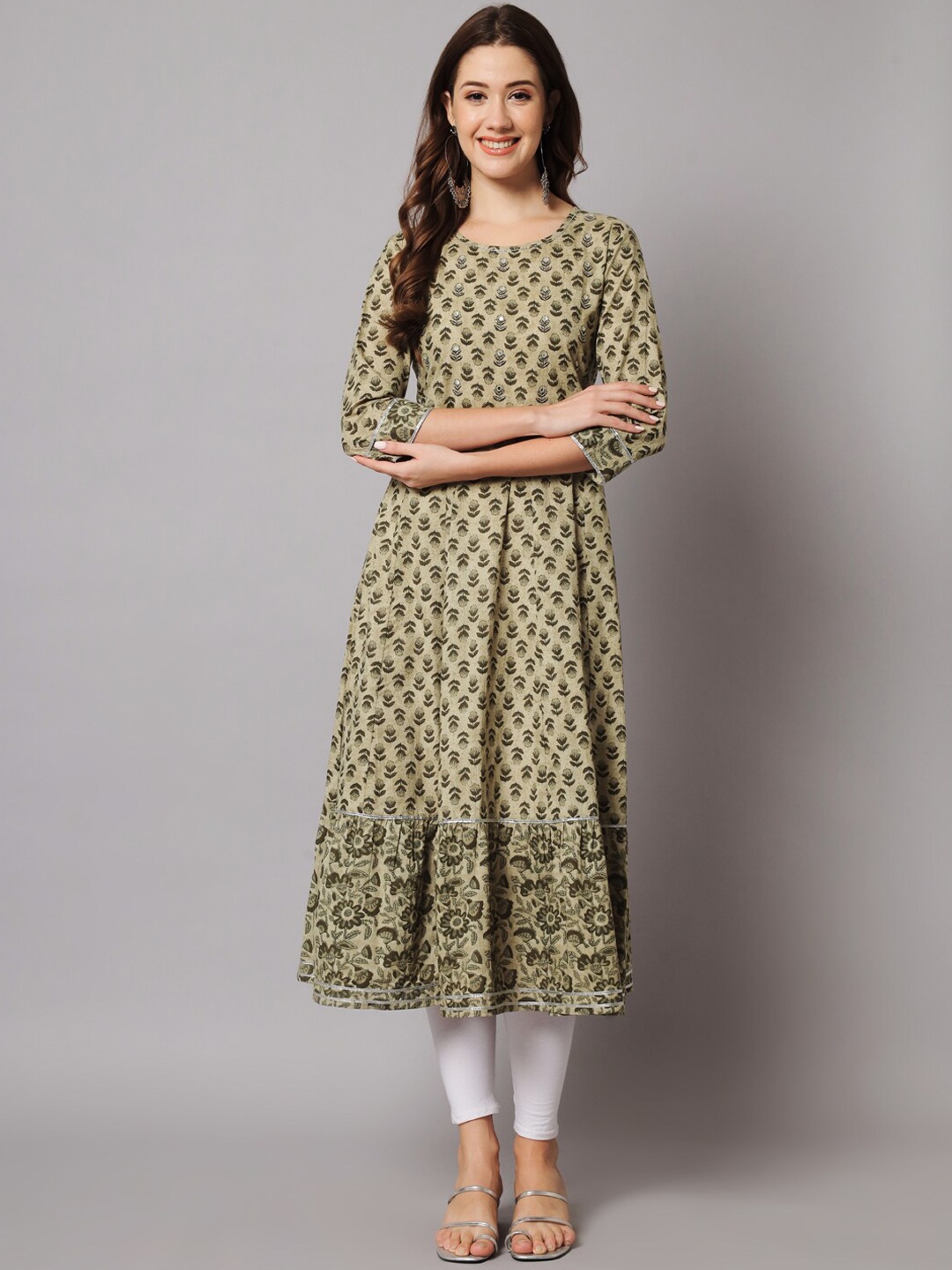 

NITVAN Round Neck Floral Printed Mirror Work Pure Cotton Anarkali Kurta, Green