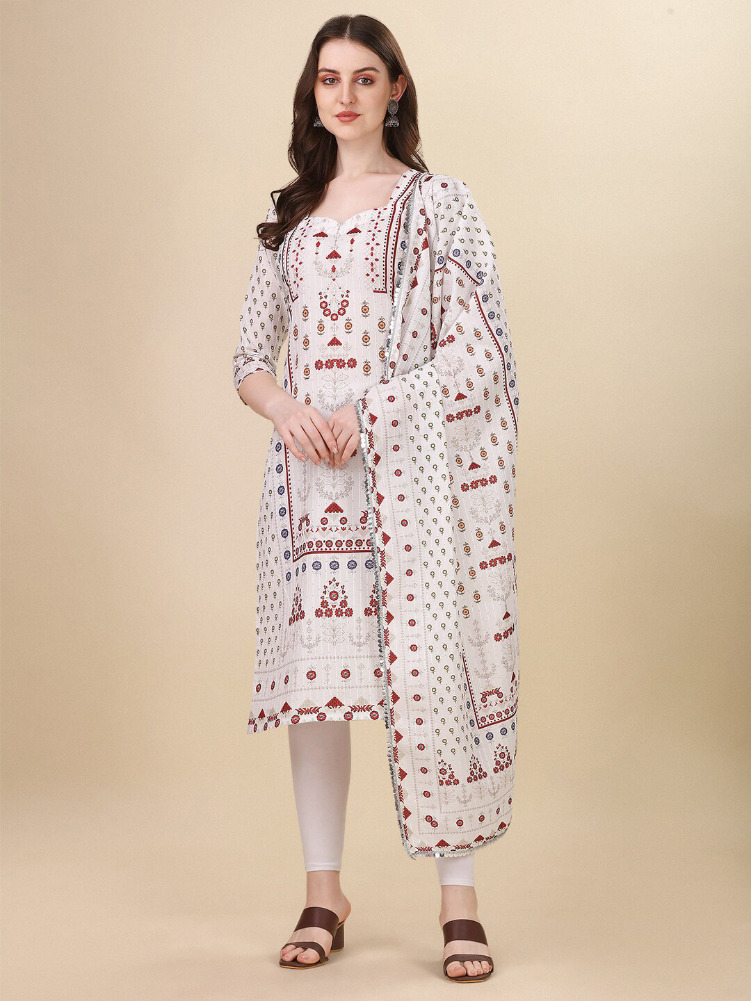 

PMD Fashion Ethnic Motifs Printed Cotton Kurta With Dupatta Set, Off white