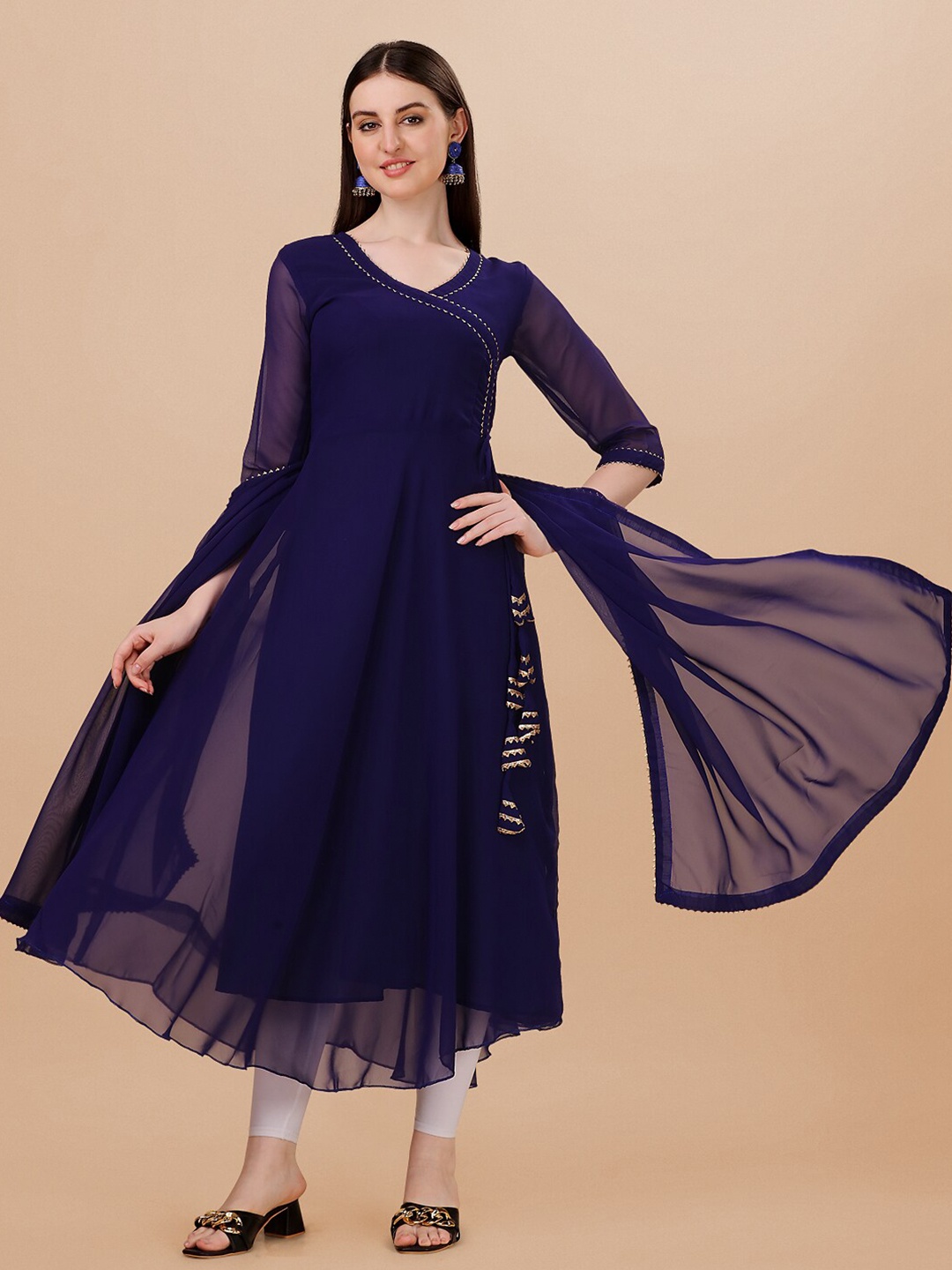 

PMD Fashion Women Gotta Patti Anarkali Kurta With Dupatta, Navy blue