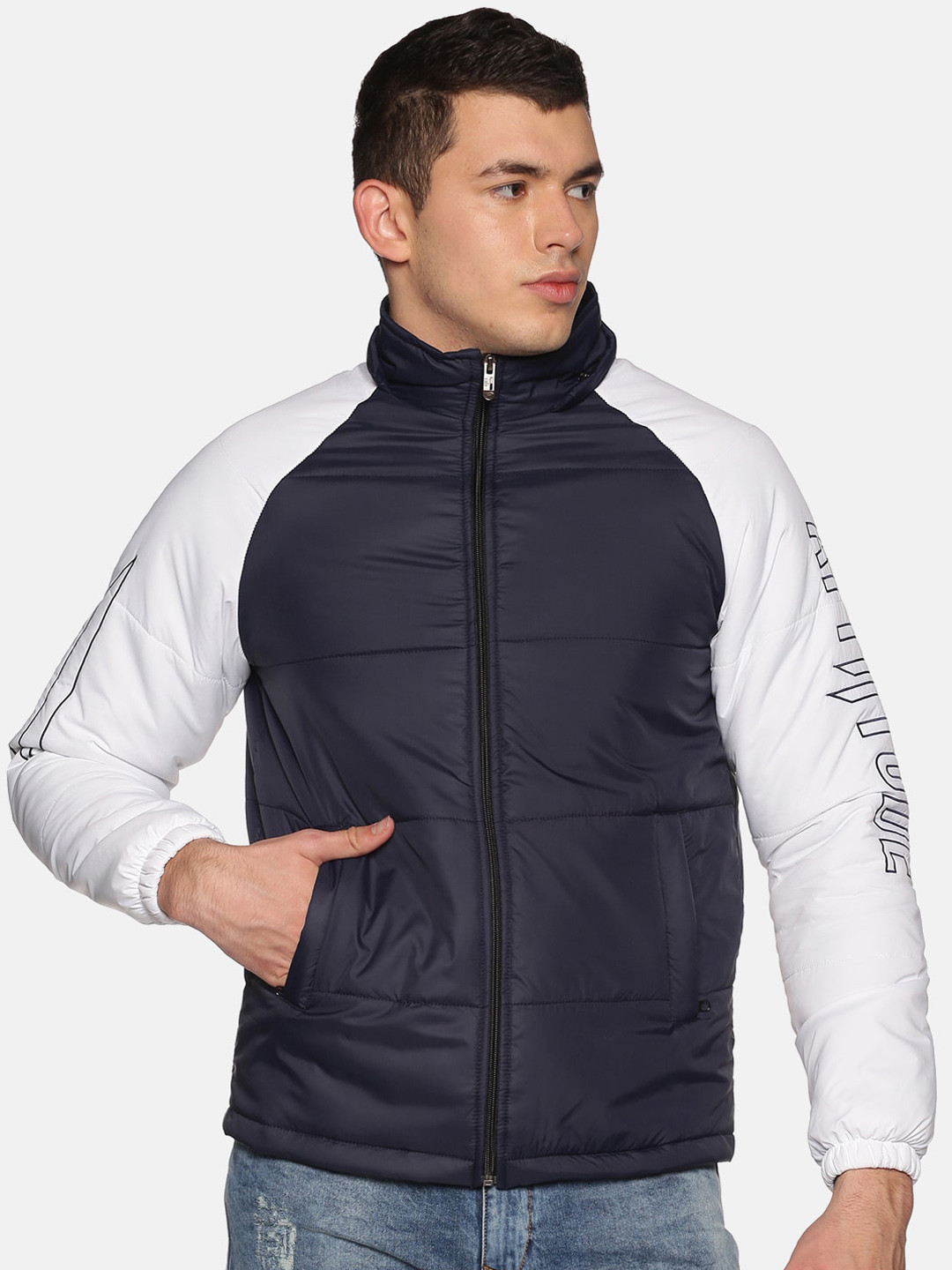 

ATTIITUDE Men Navy Colourblocked Windcheater Puffer Jacket, Navy blue