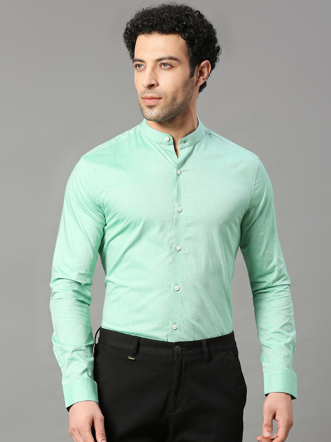 

INVICTUS Men Mandarin Collar Slim Fit Formal Cotton Shirt, Green