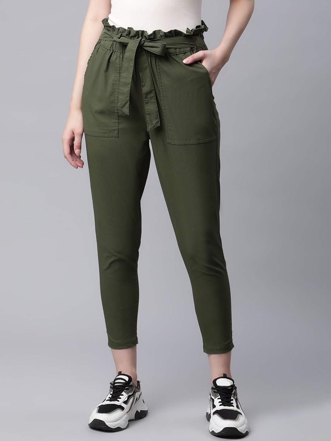 

RIVI Women Tapered Fit Cropped Easy Wash Pure Cotton Regular Trousers, Olive