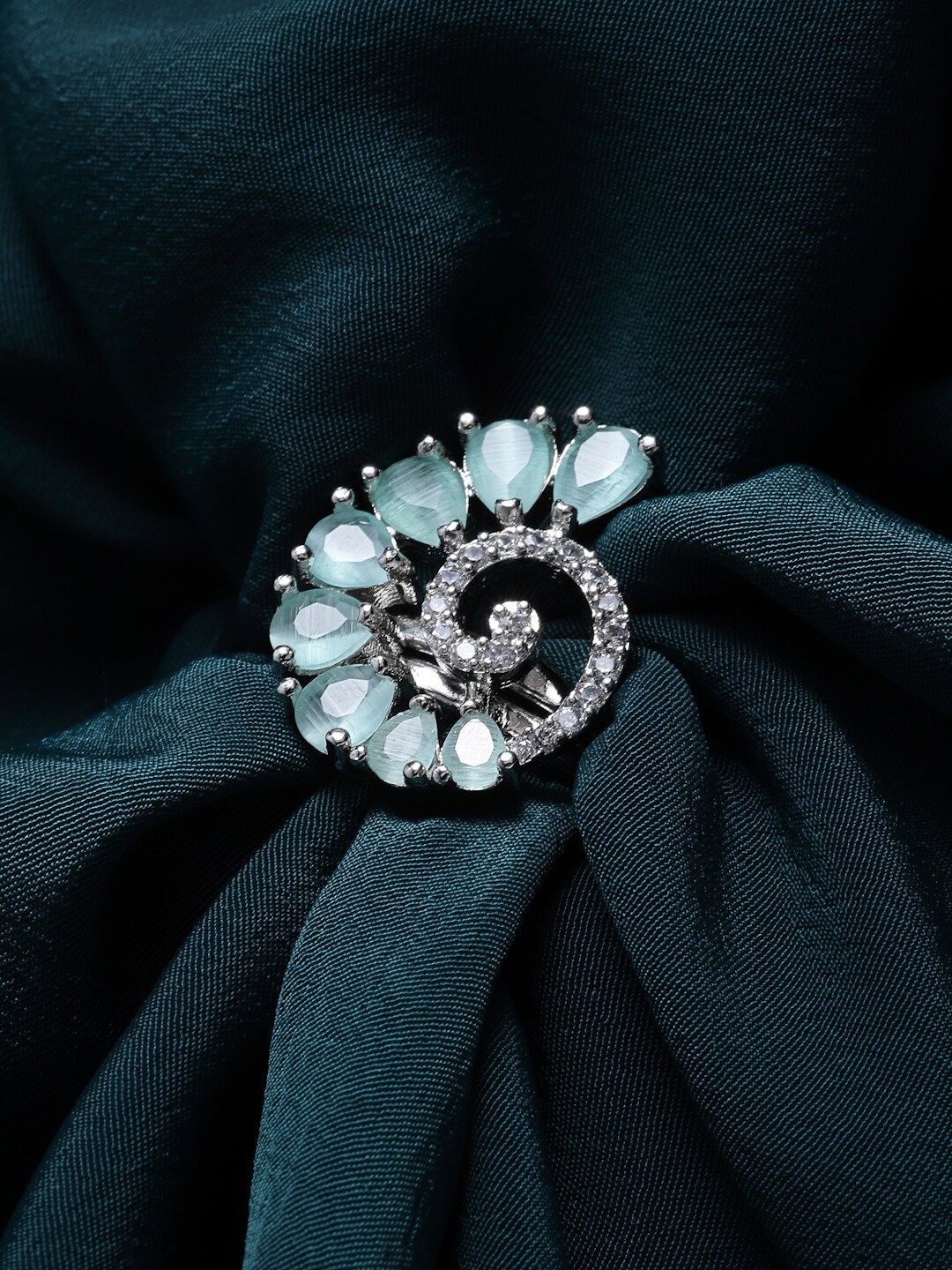 

PANASH Women Silver-Plated AD Studded Adjustable Finger Ring, Sea green