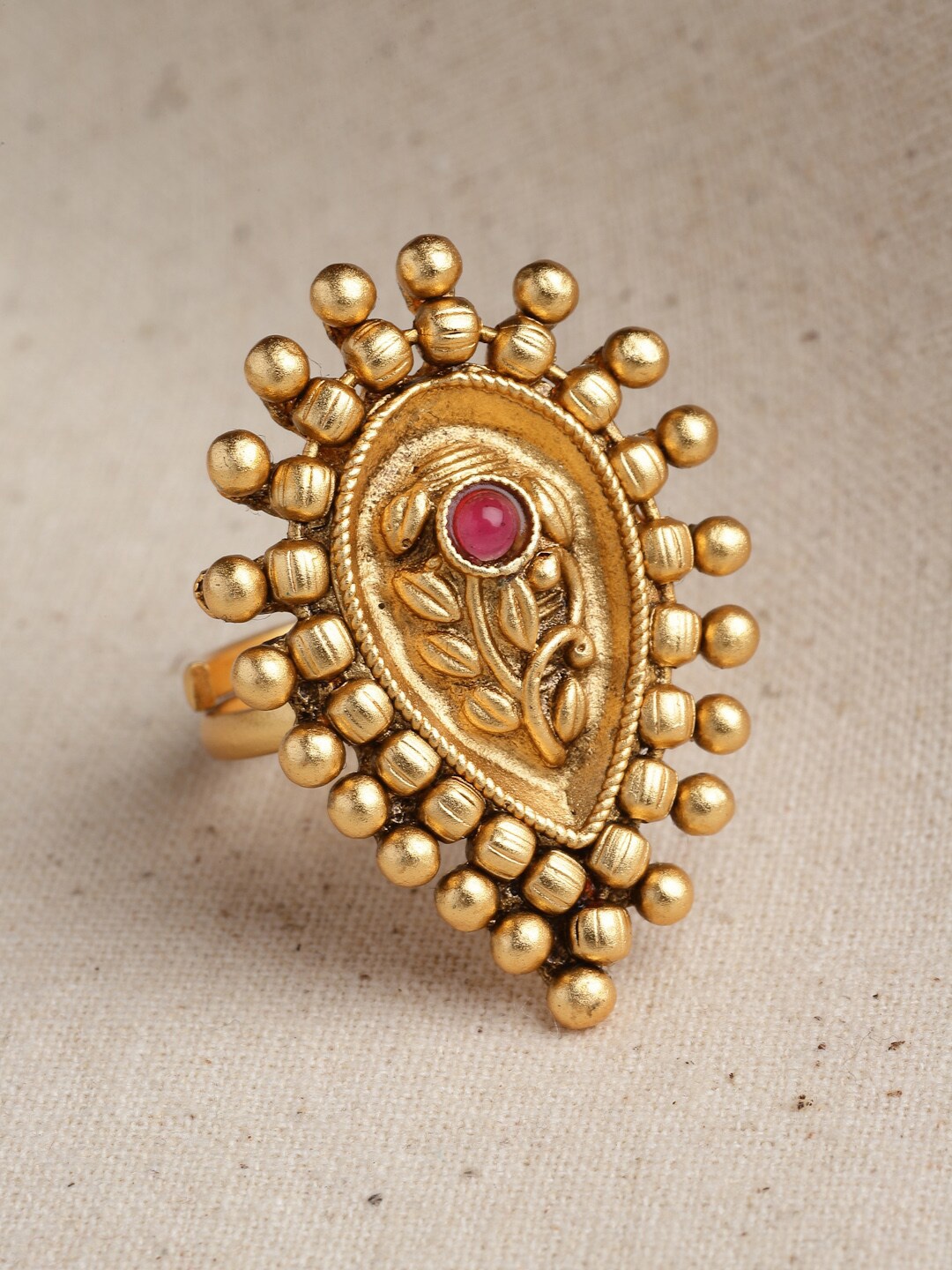 

PANASH Gold-Plated Stone-Studded Adjustable Finger Ring, Red