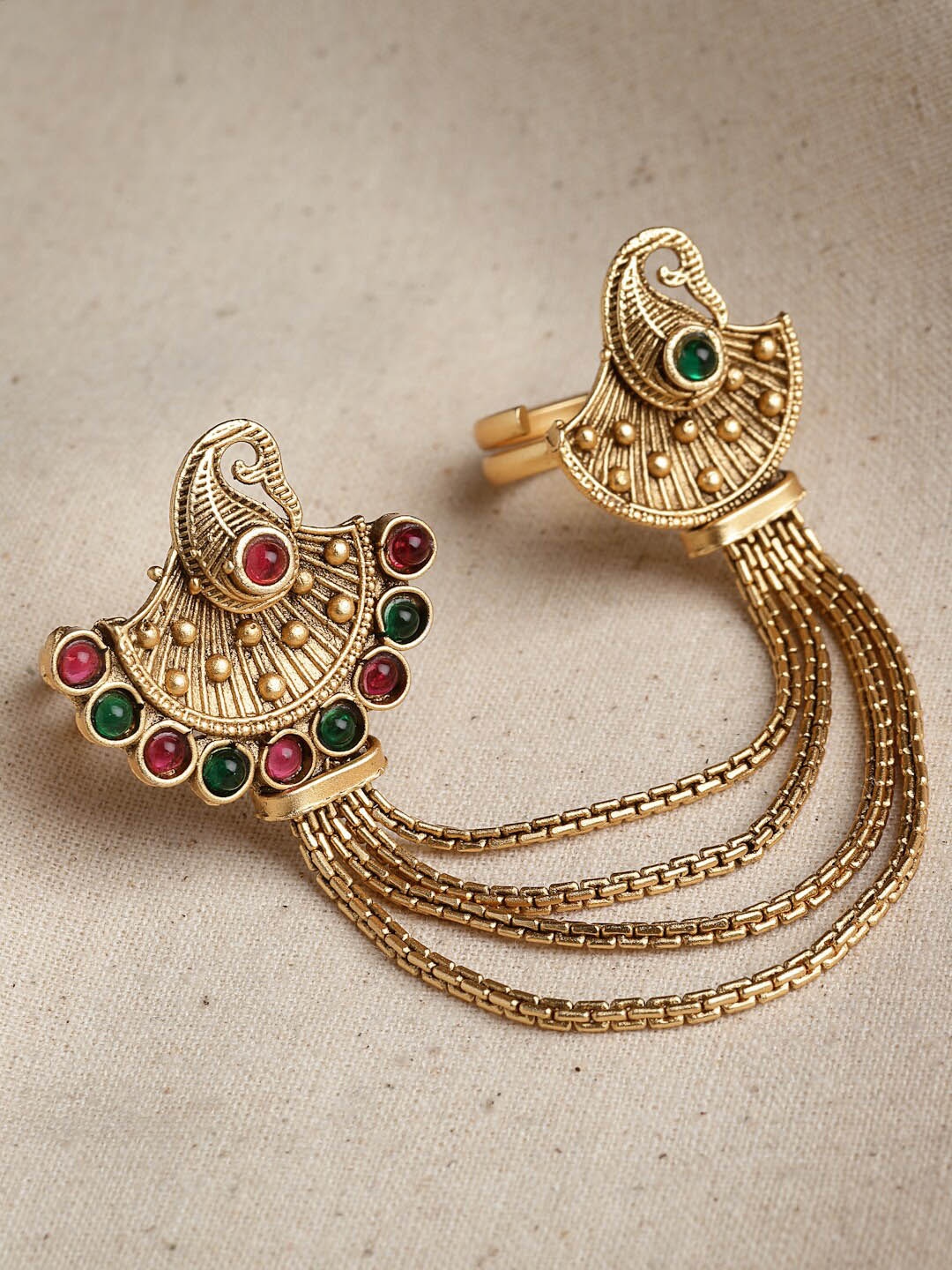 

PANASH Gold-Plated Stone Studded Dual Adjustable Finger Ring, Red