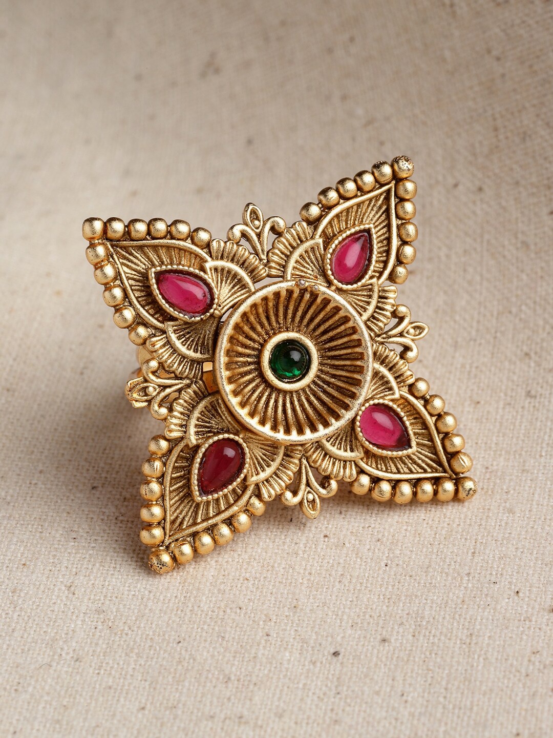 

PANASH Gold-Plated Stone-Studded Adjustable Finger Ring, Red