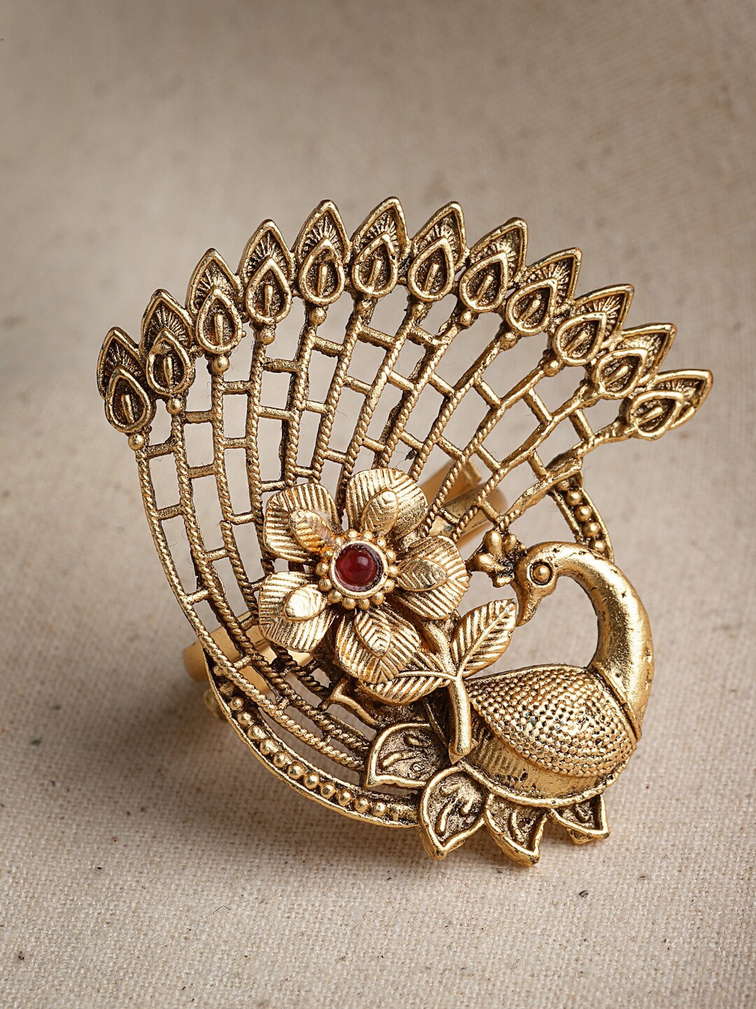 

PANASH Gold-Plated & Stone-Studded Peacock Design Adjustable Finger Ring