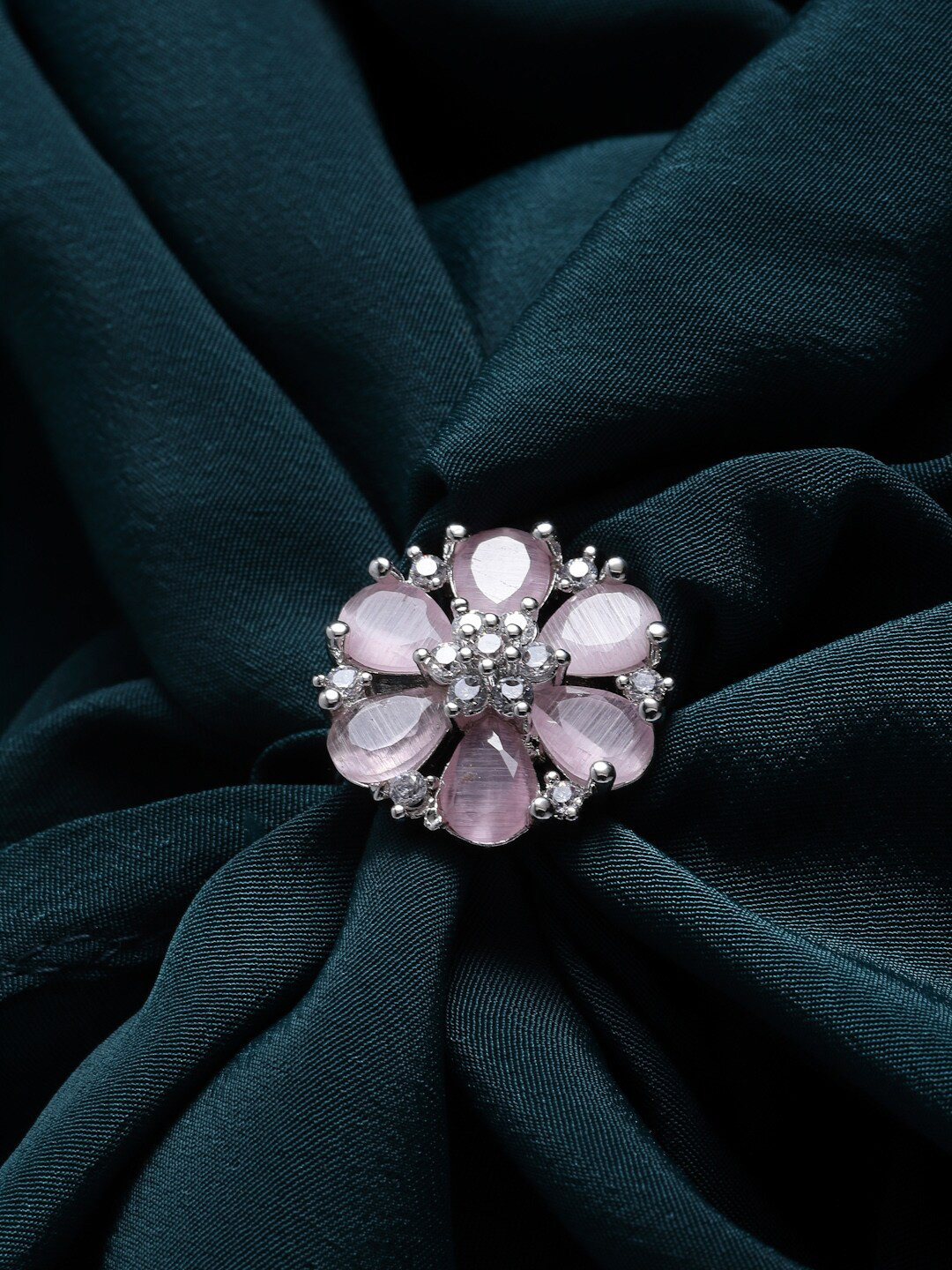 

PANASH Silver-Plated & AD Studded Adjustable Finger Ring, Pink