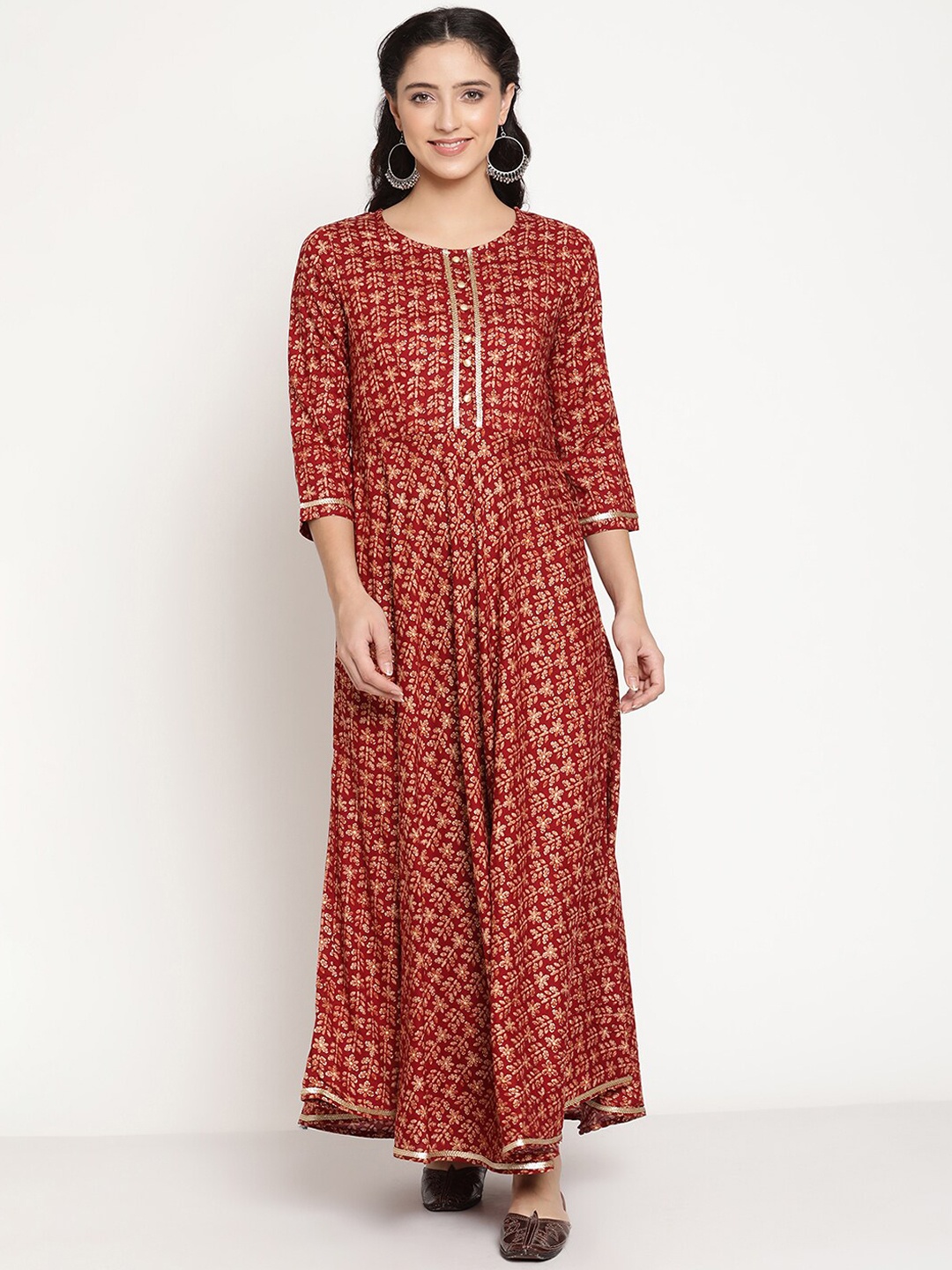 

Be Indi Rayon Ethnic Motifs Printed and Sequined Round Neck Maxi Dress, Maroon