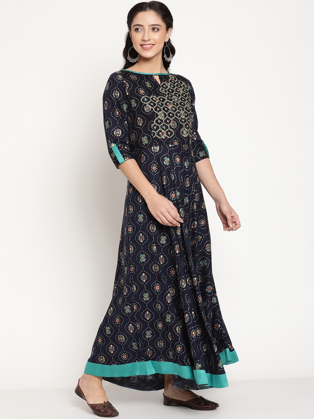 

Be Indi Rayon Embroidered and Printed Keyhole Neck Maxi Dress, Navy blue